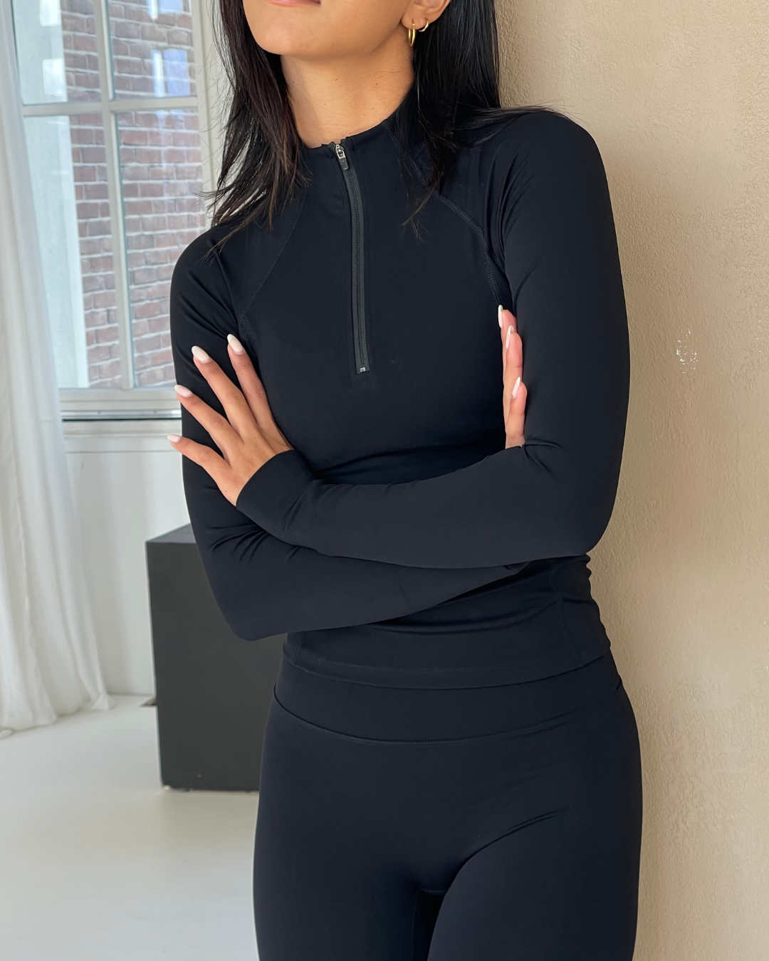 Quarter Zip Long Sleeve Top - Black