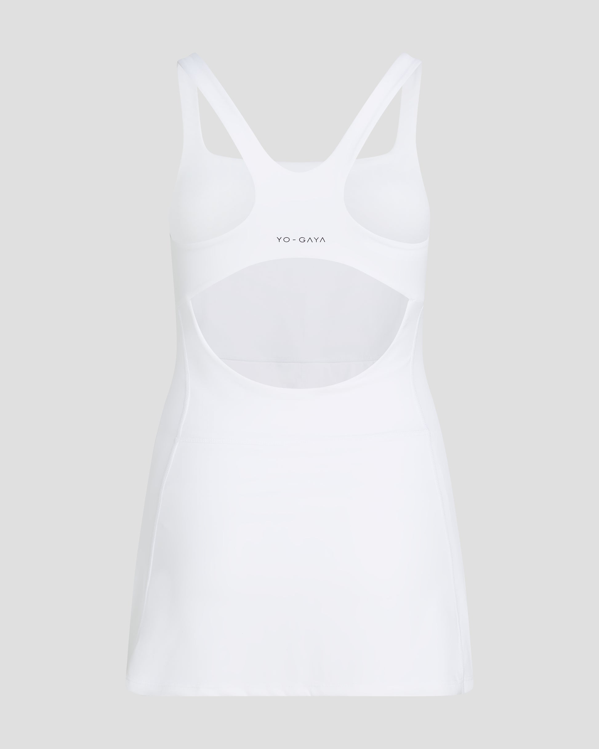 YO-GAYA Women's Tennis Dress – White – Built-in Shorts – Racerback Fit